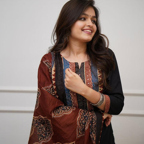 Ebbani Women’s Cotton Black Kurta Set with Dupatta