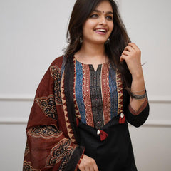 Ebbani Women’s Cotton Black Kurta Set with Dupatta