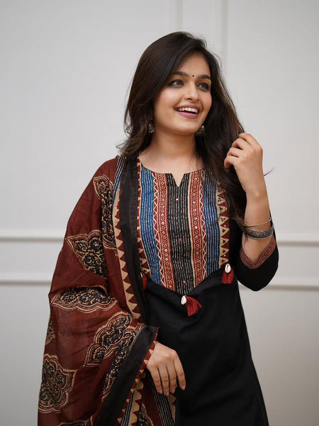 Ebbani Women’s Cotton Black Kurta Set with Dupatta