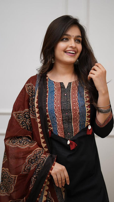 Ebbani Women’s Cotton Black Kurta Set with Dupatta