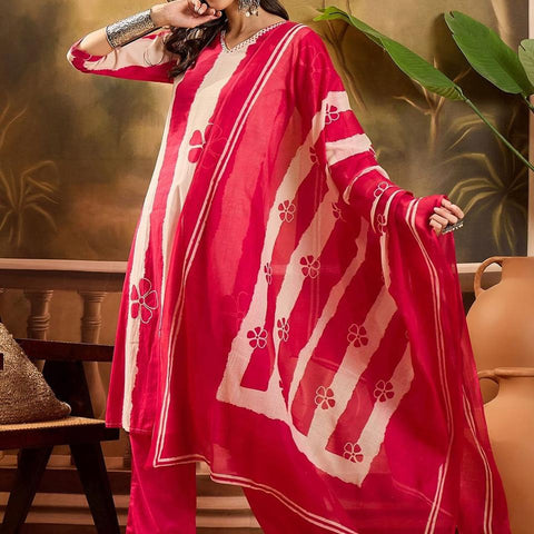 Ebbani Women’s Pure Cotton Red Floral Straight Fit 3pc Kurta Set