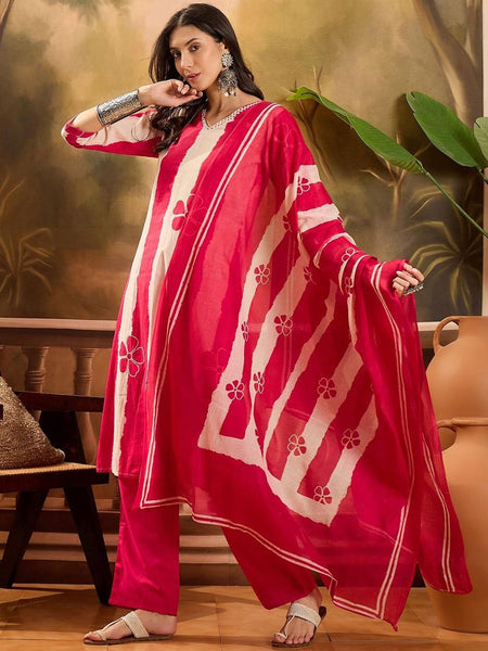 Ebbani Women’s Pure Cotton Red Floral Straight Fit 3pc Kurta Set