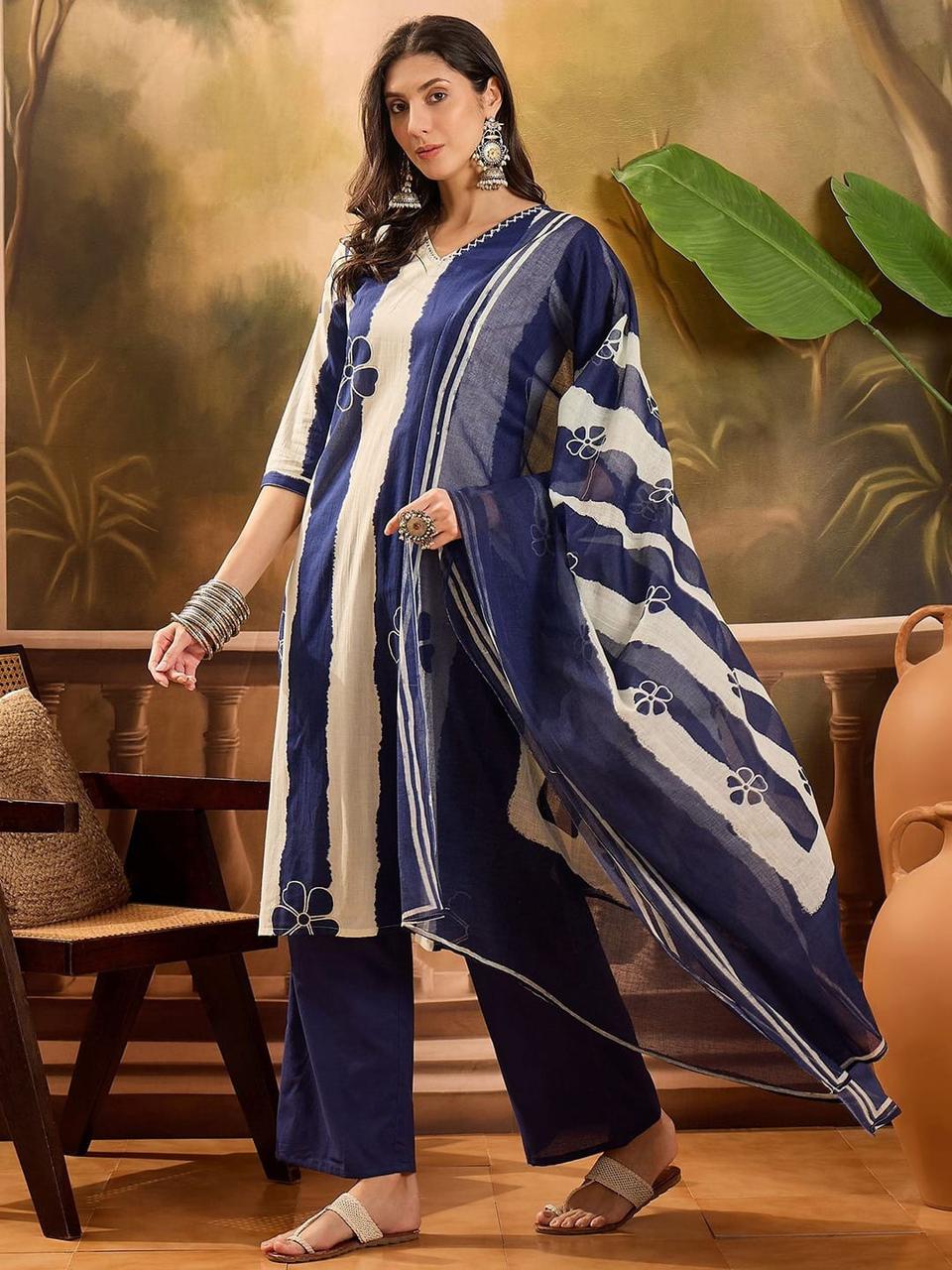 Ebbani Women’s Pure Cotton Blue Floral Straight Fit 3pc Kurta Set