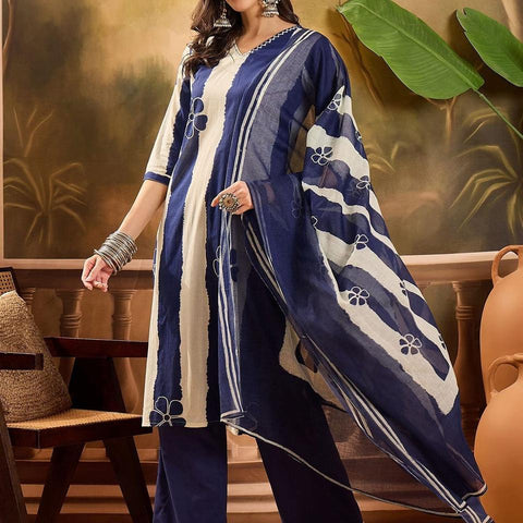 Ebbani Women’s Pure Cotton Blue Floral Straight Fit 3pc Kurta Set
