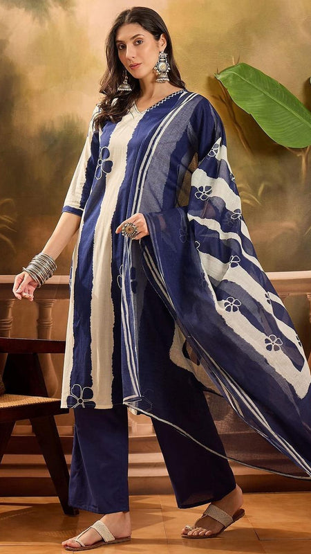 Ebbani Women’s Pure Cotton Blue Floral Straight Fit 3pc Kurta Set