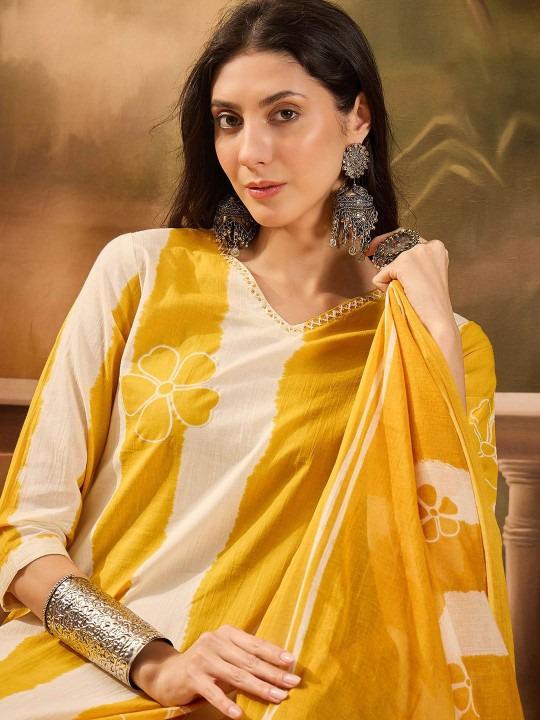 Ebbani Women’s Pure Cotton Yellow Floral Straight Fit 3pc Kurta Set