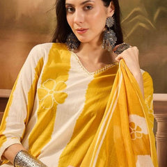 Ebbani Women’s Pure Cotton Yellow Floral Straight Fit 3pc Kurta Set