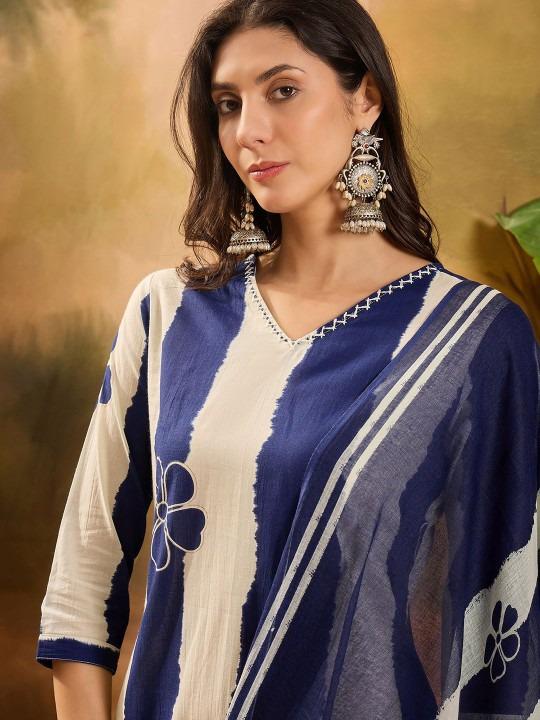 Ebbani Women’s Pure Cotton Blue Floral Straight Fit 3pc Kurta Set