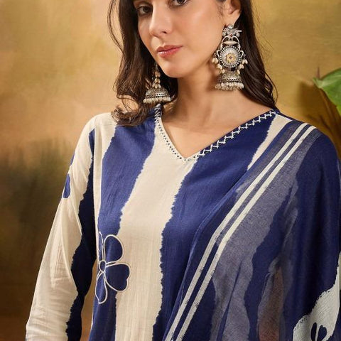 Ebbani Women’s Pure Cotton Blue Floral Straight Fit 3pc Kurta Set