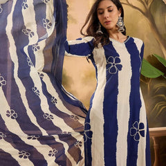 Ebbani Women’s Pure Cotton Blue Floral Straight Fit 3pc Kurta Set