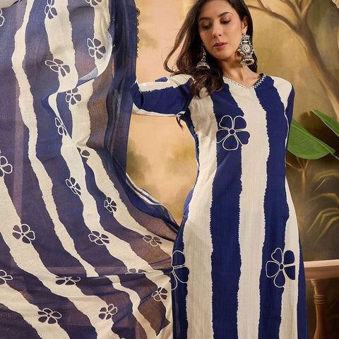 Ebbani Women’s Pure Cotton Blue Floral Straight Fit 3pc Kurta Set
