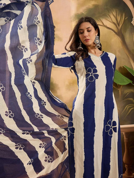 Ebbani Women’s Pure Cotton Blue Floral Straight Fit 3pc Kurta Set