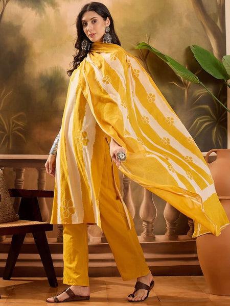 Ebbani Women’s Pure Cotton Yellow Floral Straight Fit 3pc Kurta Set