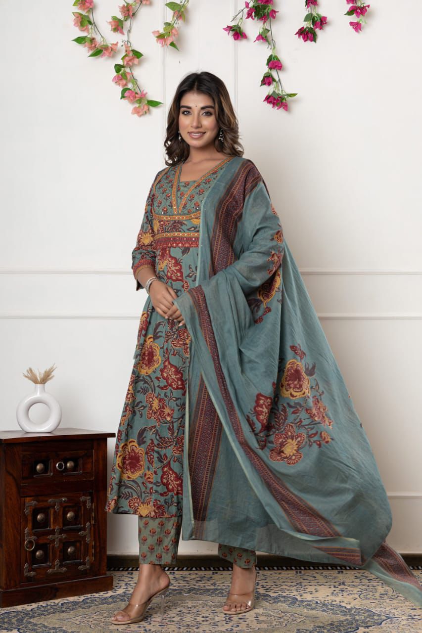 Ebbani Women’s Cotton Motifs Sage Green Kurta Set with Dupatta