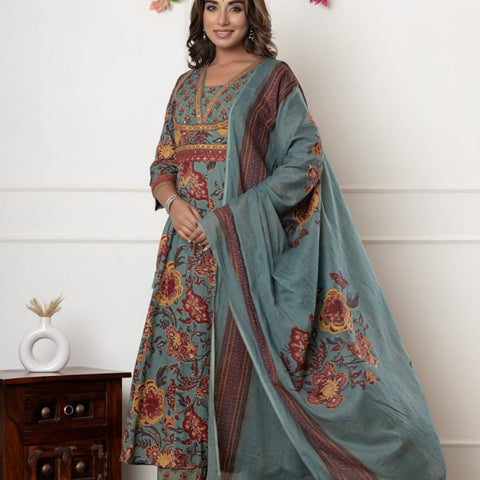 Ebbani Women’s Cotton Motifs Sage Green Kurta Set with Dupatta