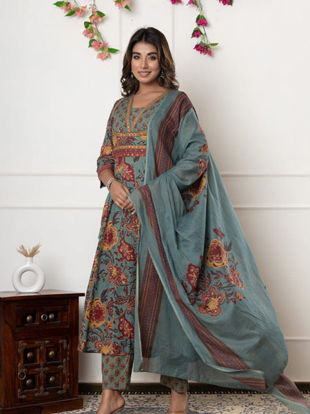 Ebbani Women’s Cotton Motifs Sage Green Kurta Set with Dupatta