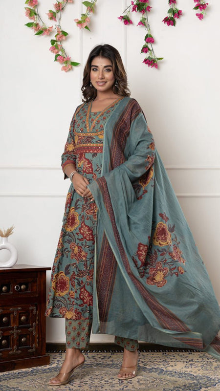 Ebbani Women’s Cotton Motifs Sage Green Kurta Set with Dupatta