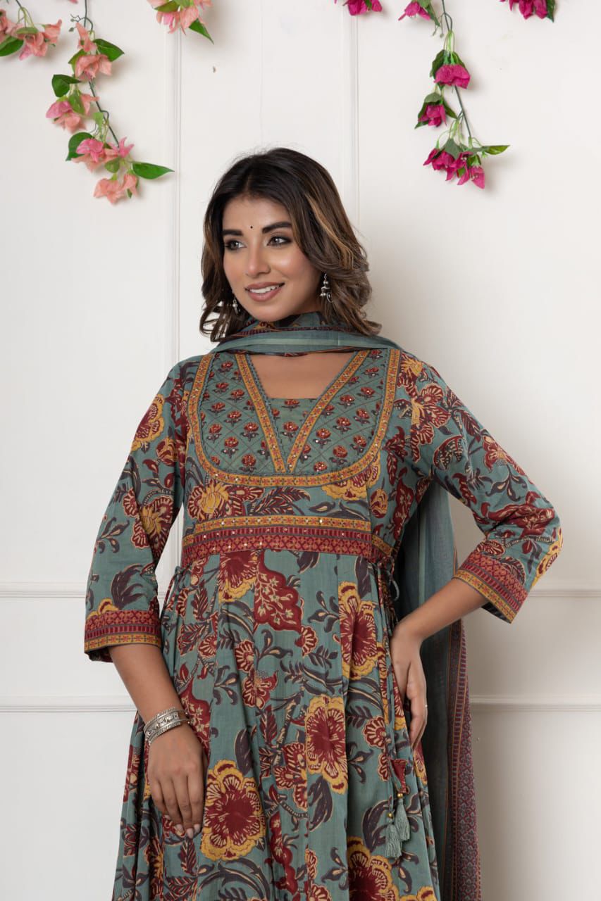 Ebbani Women’s Cotton Motifs Sage Green Kurta Set with Dupatta