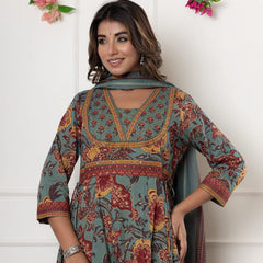 Ebbani Women’s Cotton Motifs Sage Green Kurta Set with Dupatta