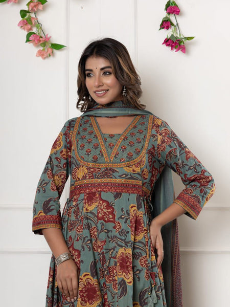 Ebbani Women’s Cotton Motifs Sage Green Kurta Set with Dupatta