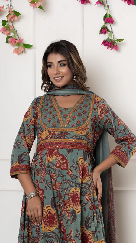 Ebbani Women’s Cotton Motifs Sage Green Kurta Set with Dupatta