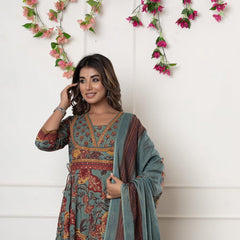 Ebbani Women’s Cotton Motifs Sage Green Kurta Set with Dupatta