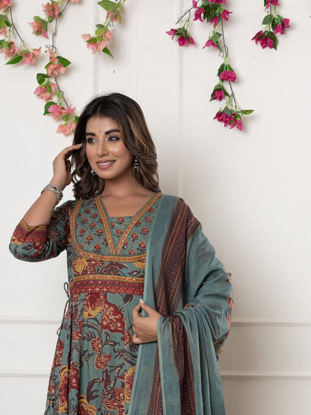 Ebbani Women’s Cotton Motifs Sage Green Kurta Set with Dupatta