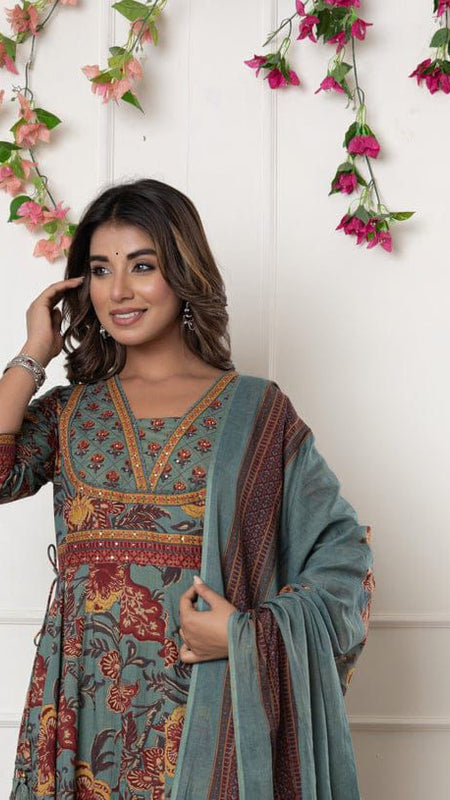 Ebbani Women’s Cotton Motifs Sage Green Kurta Set with Dupatta