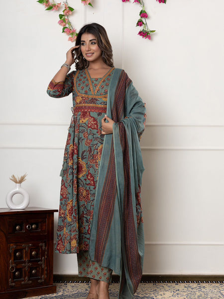 Ebbani Women’s Cotton Motifs Sage Green Kurta Set with Dupatta