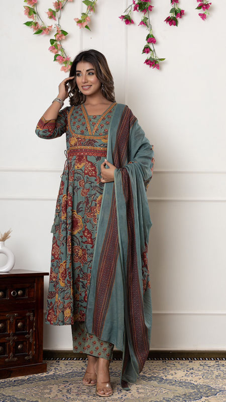 Ebbani Women’s Cotton Motifs Sage Green Kurta Set with Dupatta