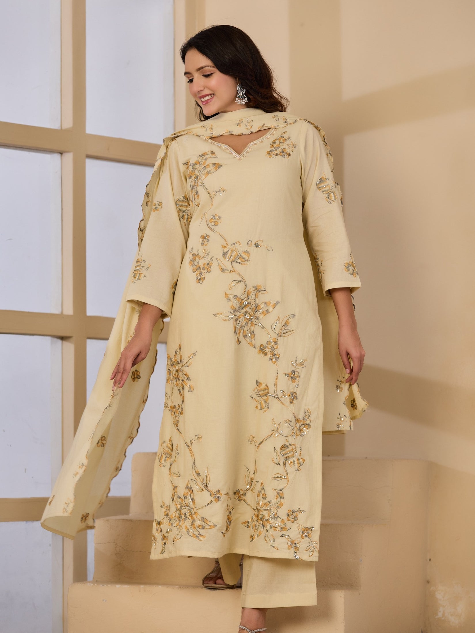 Cotton Handwork Kurta Palazzo Dupatta Set