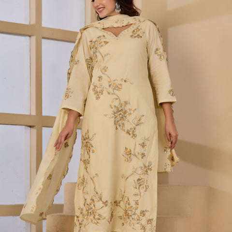 Cotton Handwork Kurta Palazzo Dupatta Set