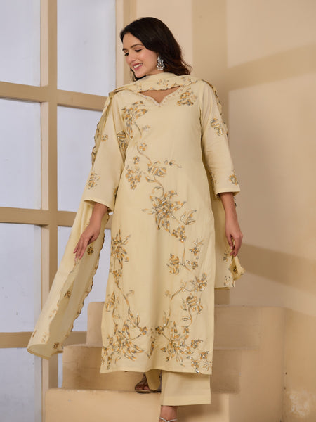 Cotton Handwork Kurta Palazzo Dupatta Set