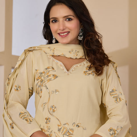 Cotton Handwork Kurta Palazzo Dupatta Set