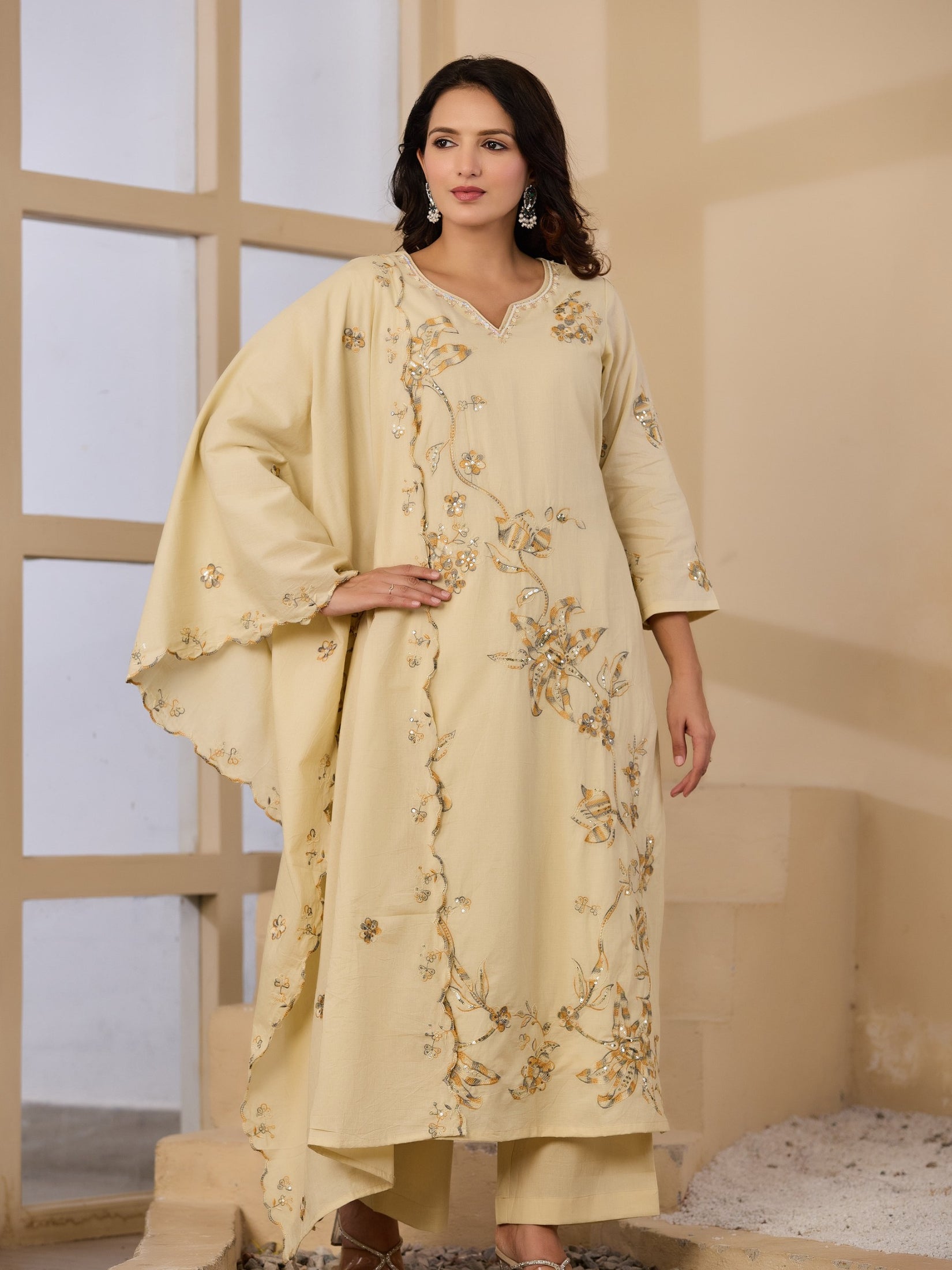 Cotton Handwork Kurta Palazzo Dupatta Set