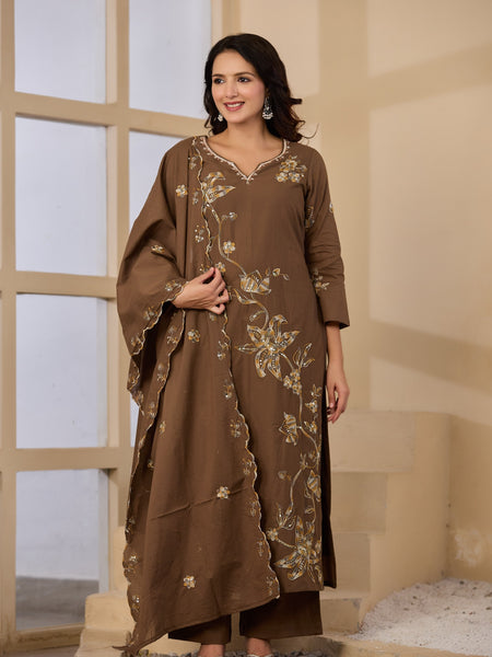 Cotton Handwork Kurta Palazzo Dupatta Set