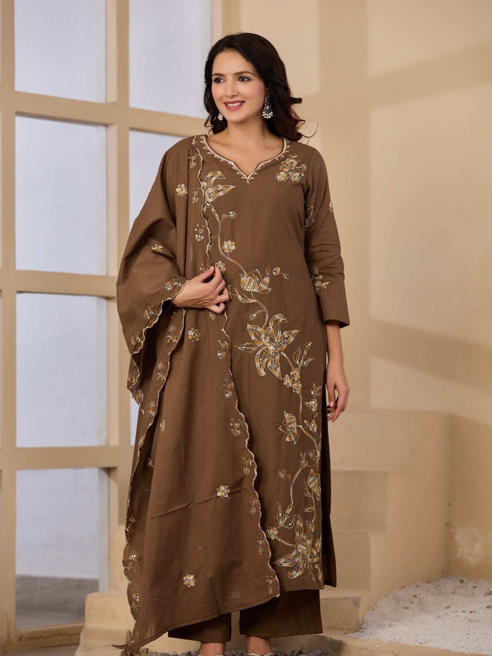 Cotton Handwork Kurta Palazzo Dupatta Set
