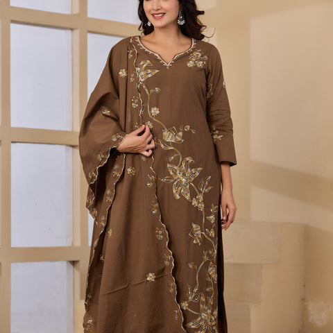 Cotton Handwork Kurta Palazzo Dupatta Set