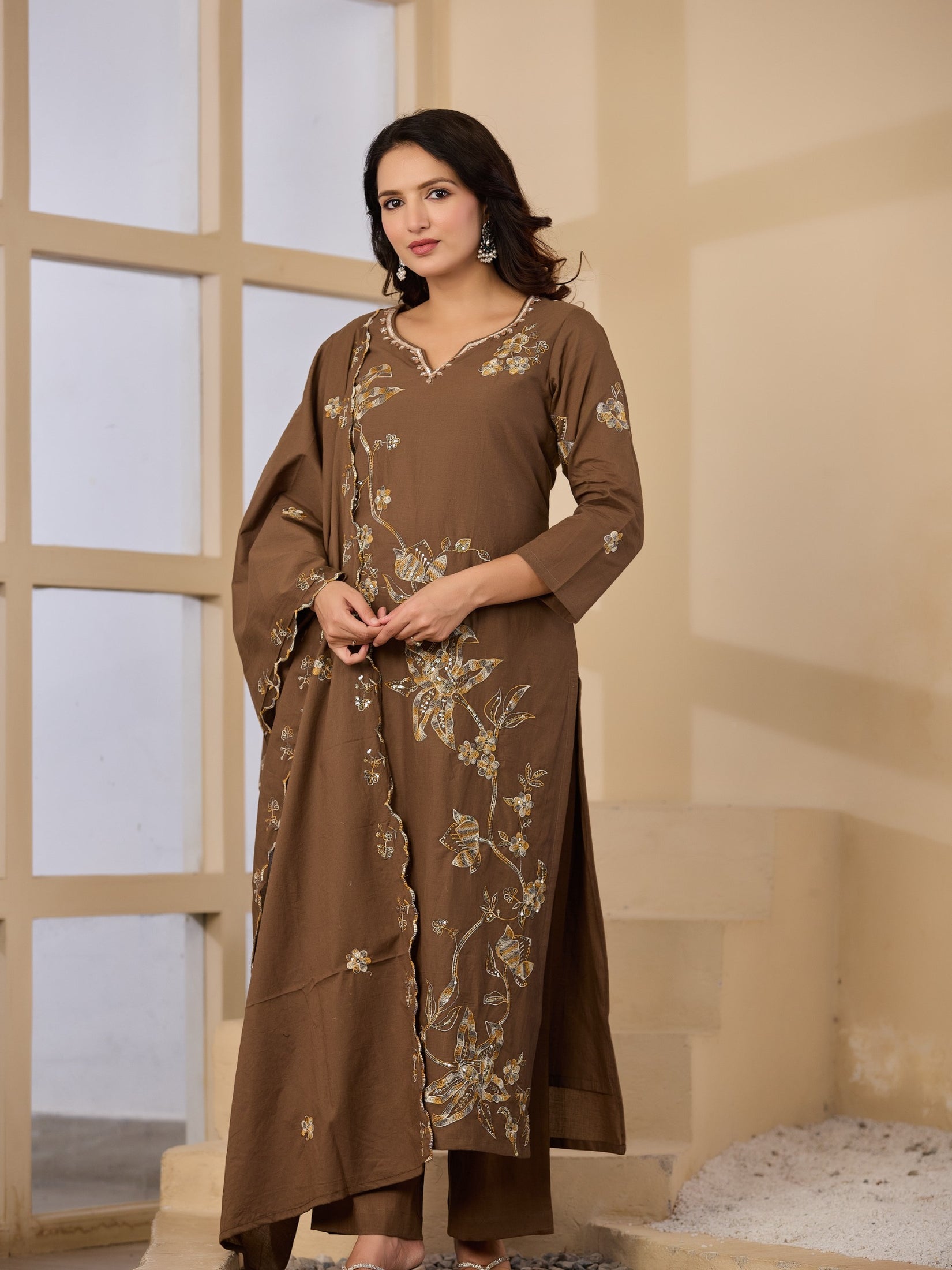 Cotton Handwork Kurta Palazzo Dupatta Set