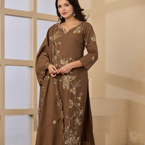 Cotton Handwork Kurta Palazzo Dupatta Set