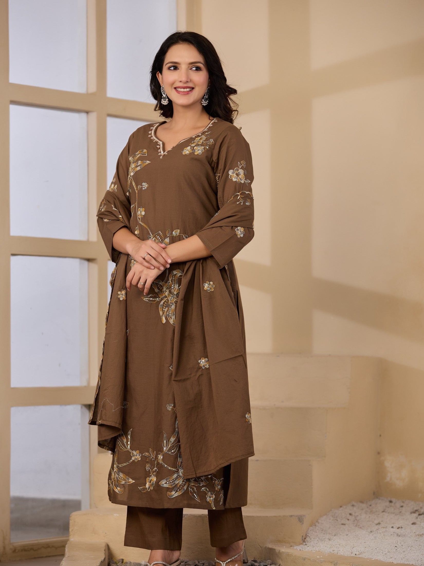 Cotton Handwork Kurta Palazzo Dupatta Set