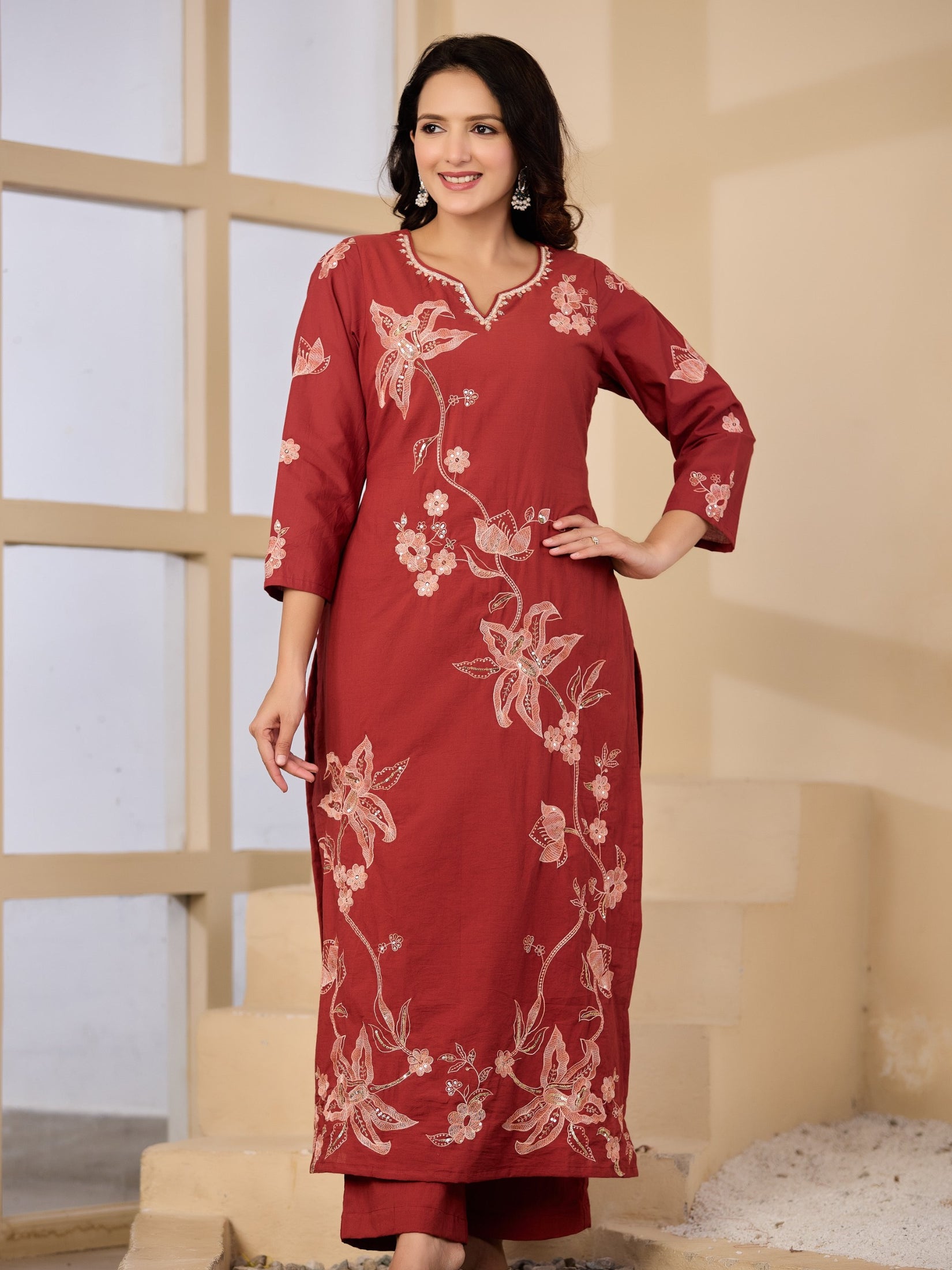 Cotton Handwork Kurta Palazzo Dupatta Set