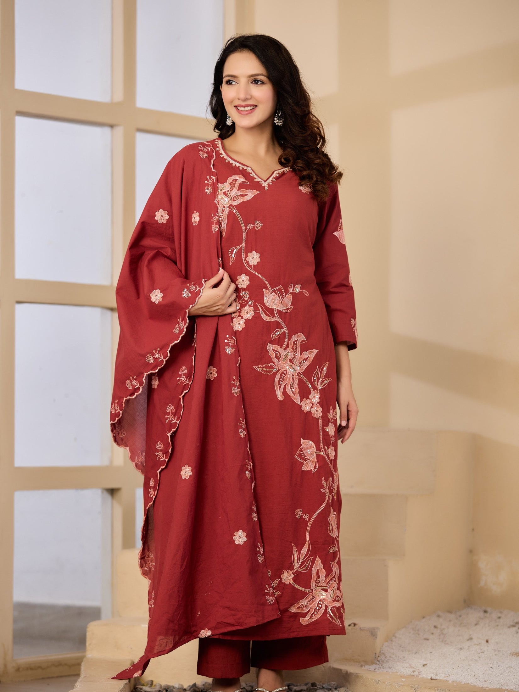 Cotton Handwork Kurta Palazzo Dupatta Set