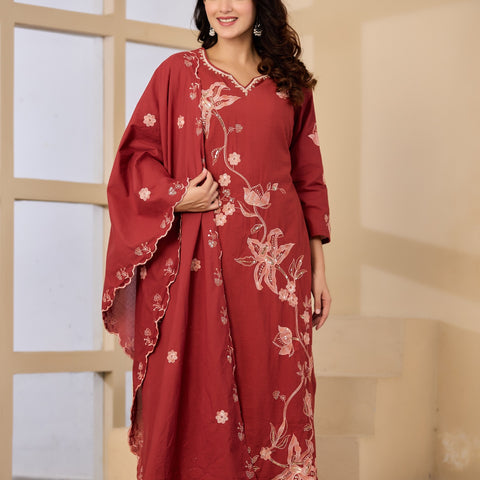 Cotton Handwork Kurta Palazzo Dupatta Set