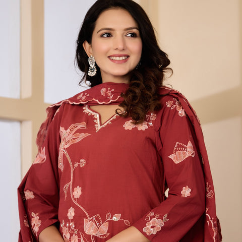 Cotton Handwork Kurta Palazzo Dupatta Set