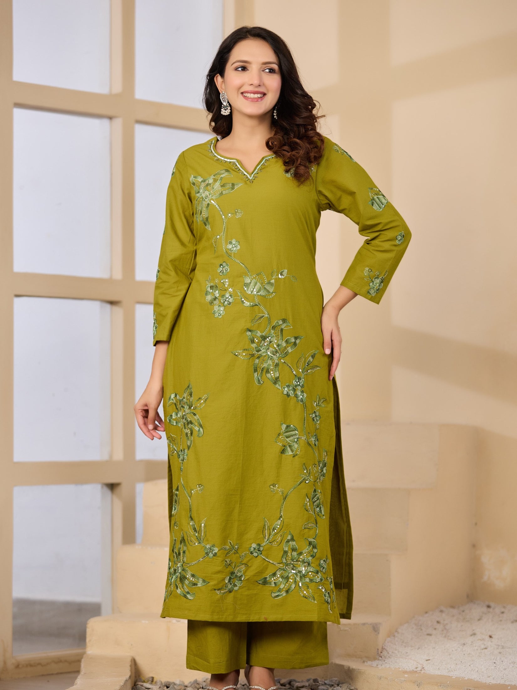 Cotton Handwork Kurta Palazzo Dupatta Set