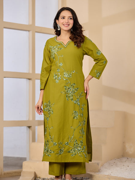 Cotton Handwork Kurta Palazzo Dupatta Set