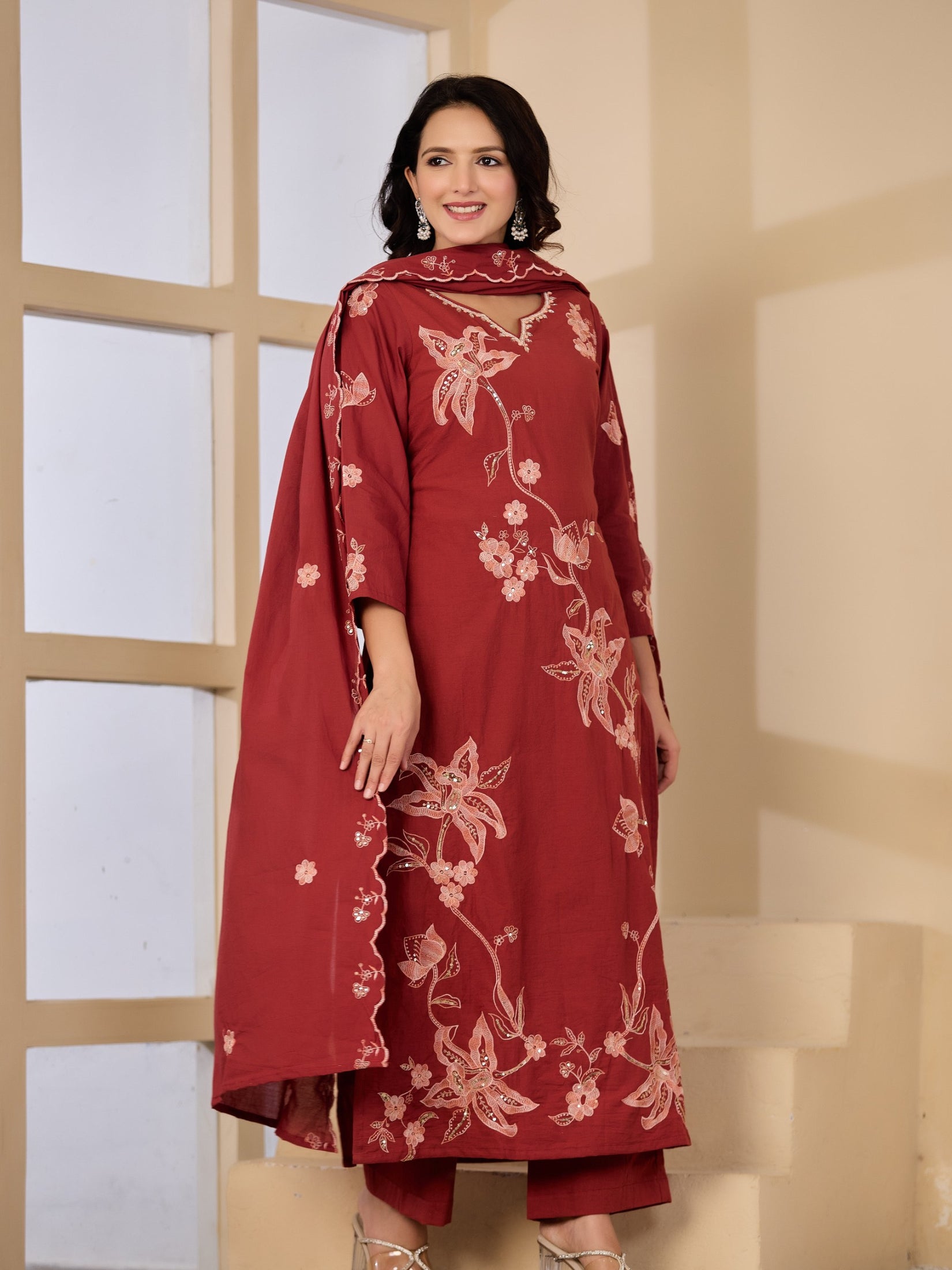 Cotton Handwork Kurta Palazzo Dupatta Set