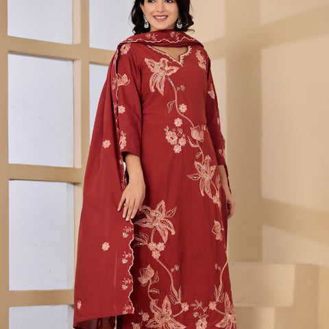 Cotton Handwork Kurta Palazzo Dupatta Set