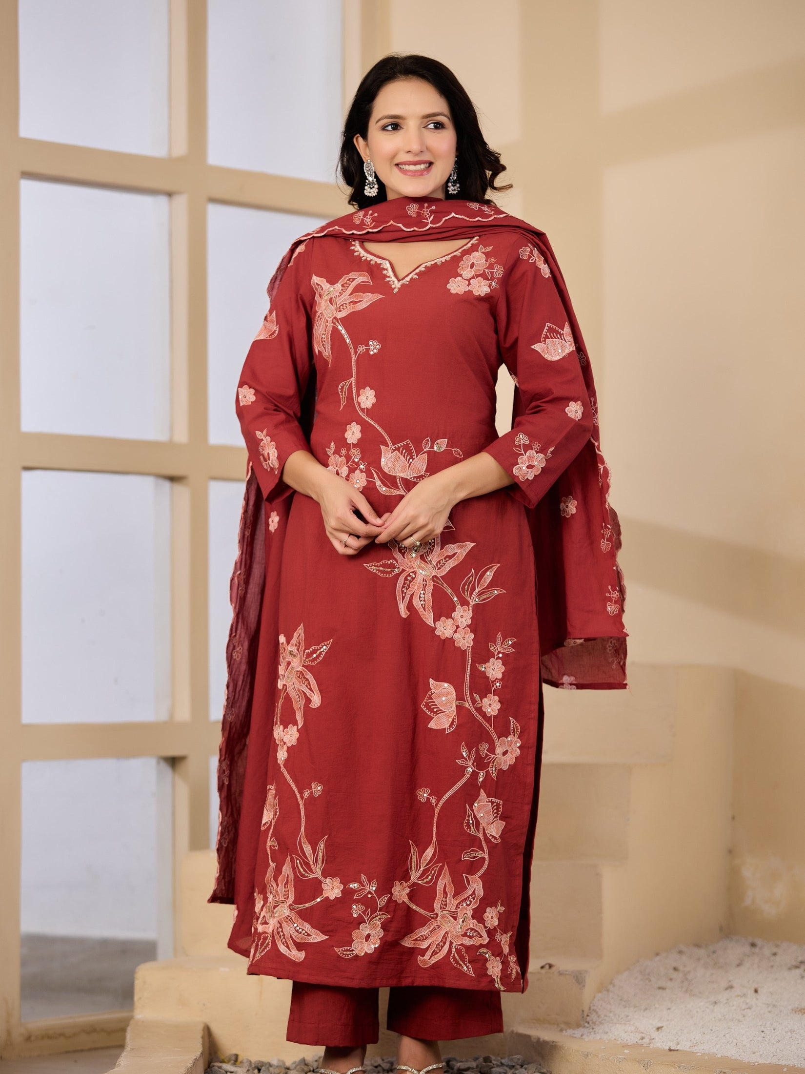 Cotton Handwork Kurta Palazzo Dupatta Set